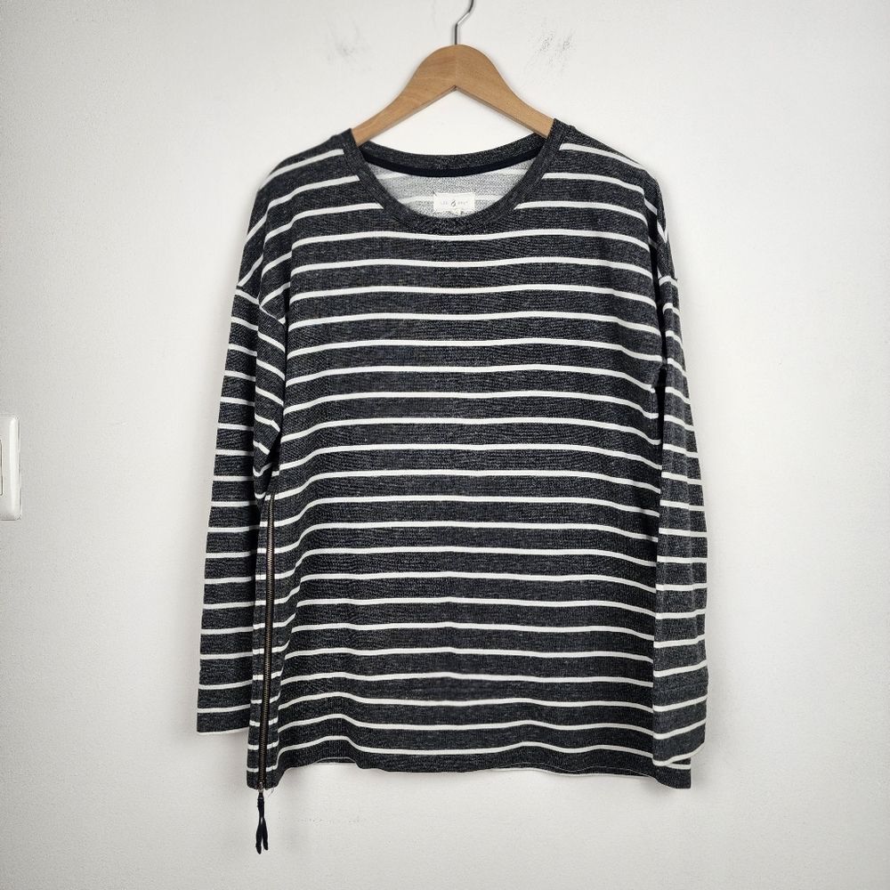 Lou & Grey Striped Side Zip Long Sleeve Top Grey White Cotton Blend Size M - Picture 12 of 12